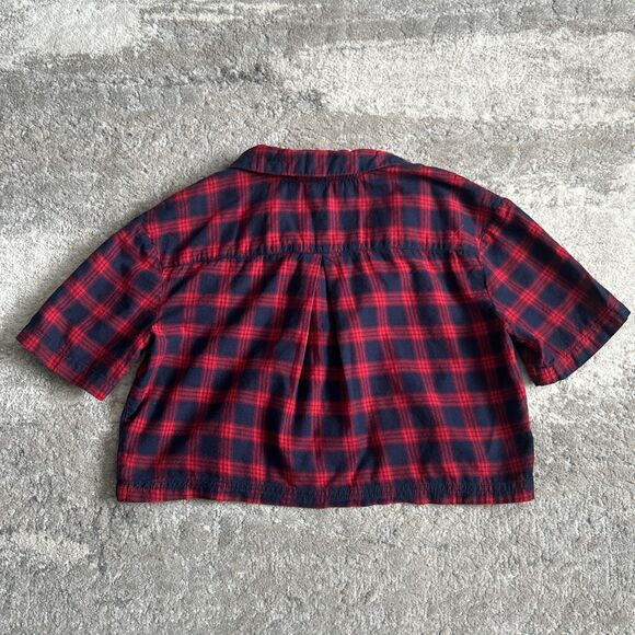 Free People Shirt Womens Small Cropped Red Navy Plaid Button Front Cotton - Picture 9 of 9